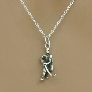 Sterling Silver Oxidized 3D Hockey Player Charm Necklace